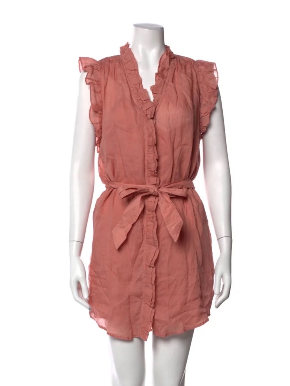 Frame Denim Sleeveless Ruffled Tie-Waist Mini Dress in Dusty Rose